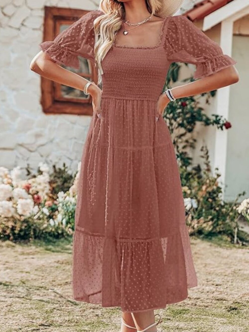 Mauve Swiss Dot Smocked Midi Dress XL Puff Sleeve Boho Romantic Smocked Prairie